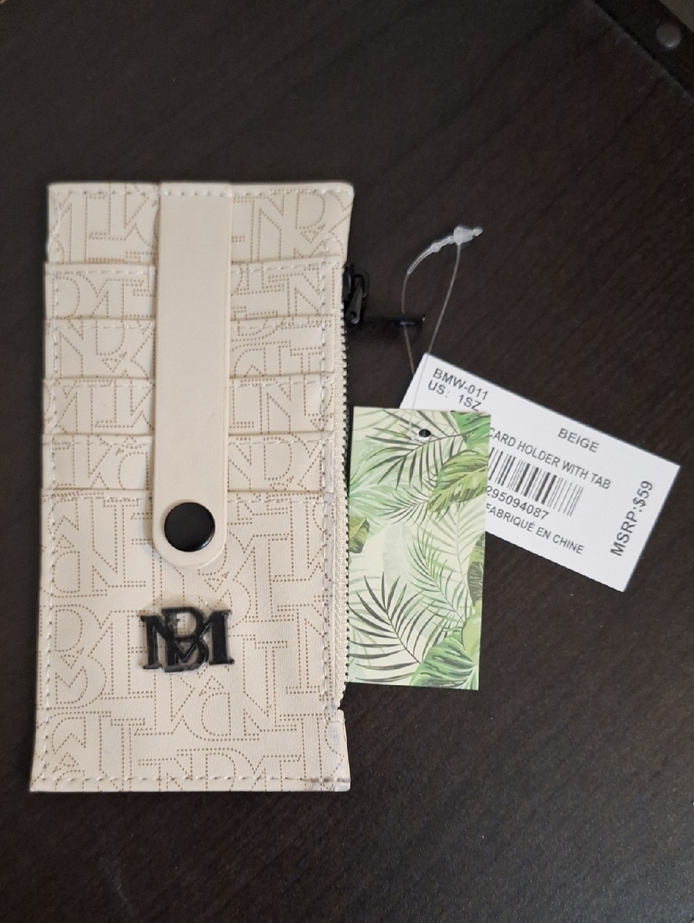 Badgley Mischka Beige Card Holder with Tab and Zip Pocket